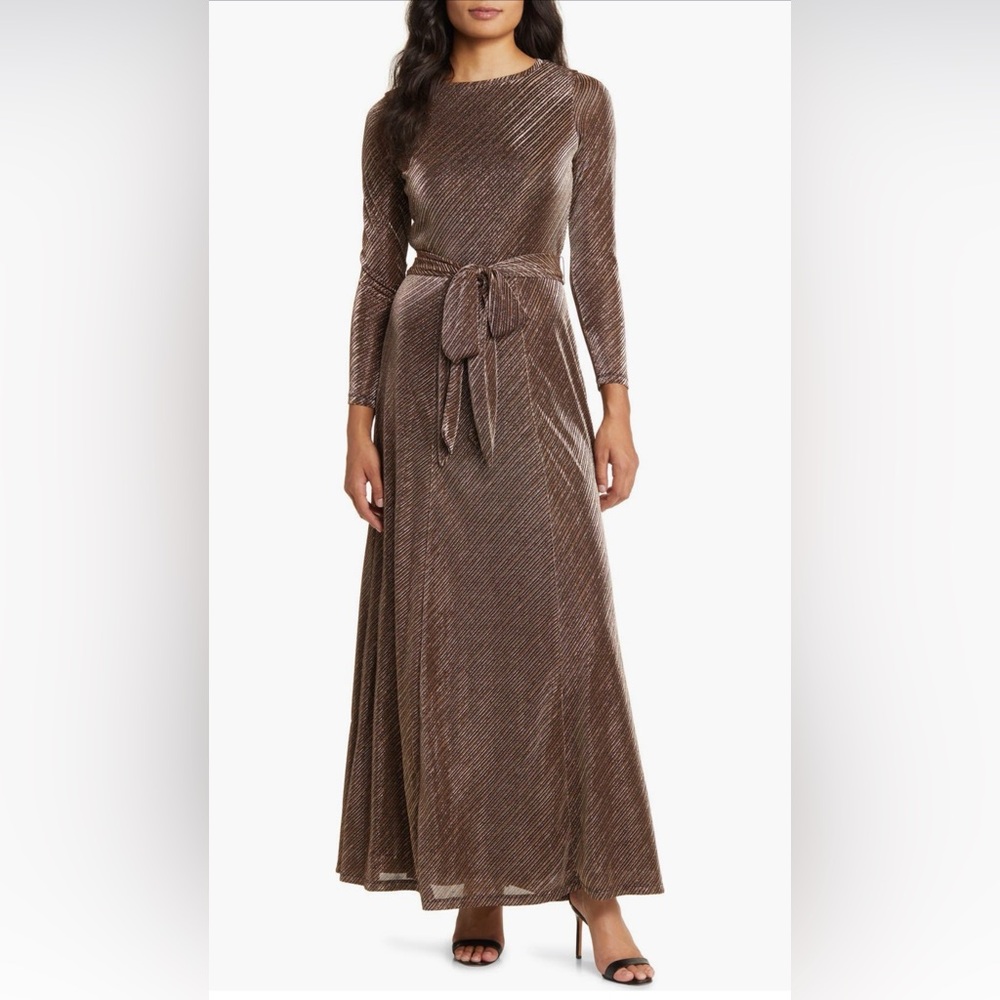 Anne Klein Metallic Long Sleeve Tie Belt A Line Dress NWT XL